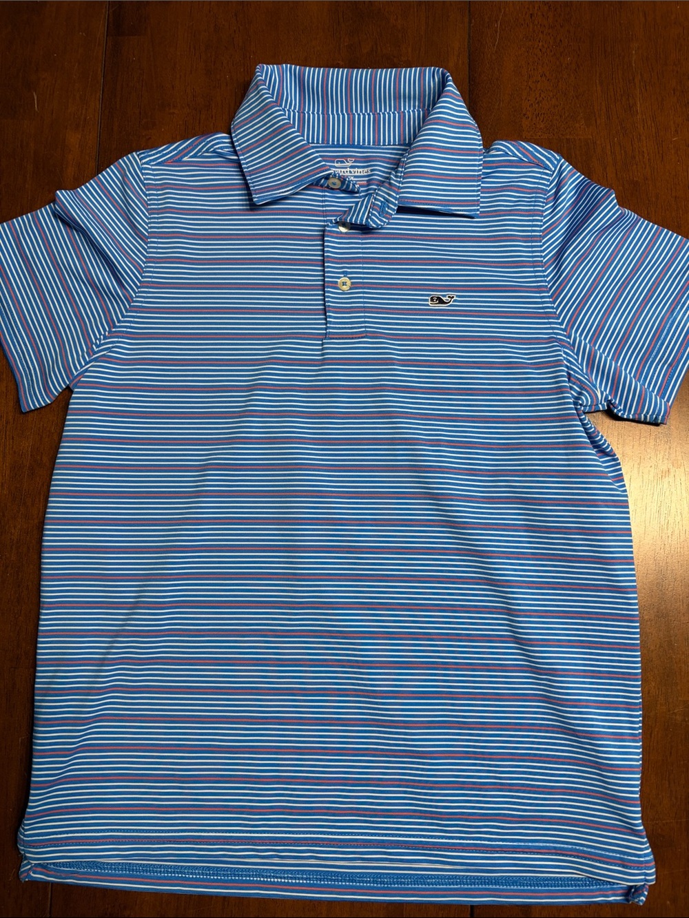 Vineyard Vines Blue Performance Polo with White & Red Stripe Accents